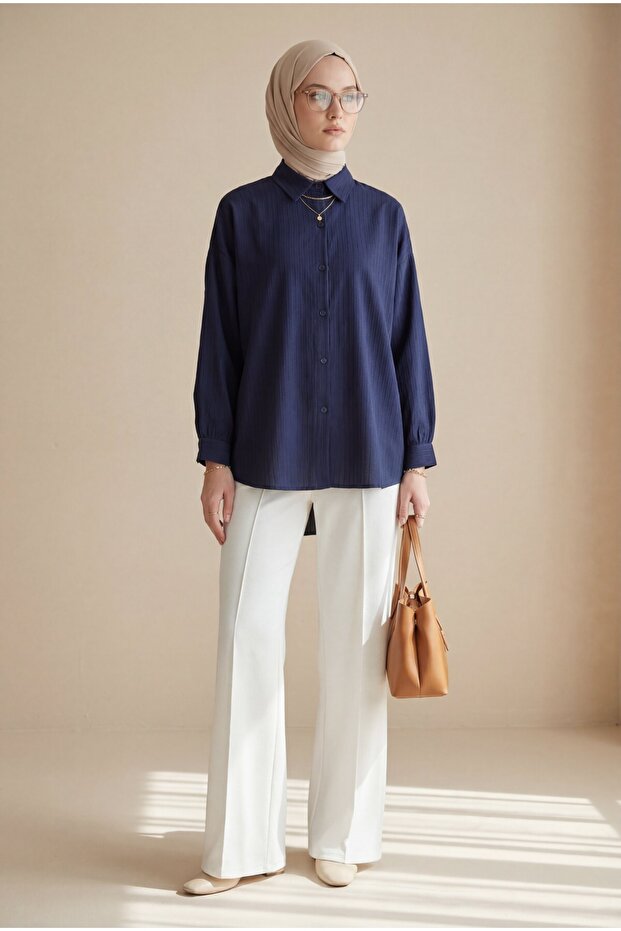 Long Backline Patterned Buttoned Loose Shirt - Navy Blue