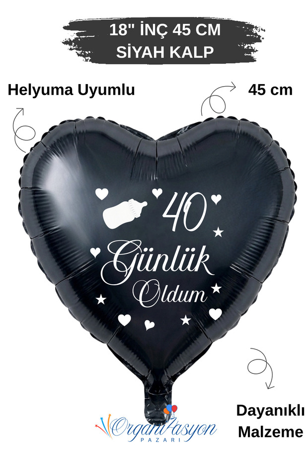 18 Inch Black Heart Foil Balloon | I'M 40 Now | Baby Bottle with Figure | Baby Mevlüt