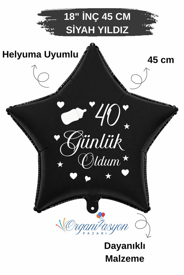 18 Inch Black Star Foil Balloon | I'M 40 Now | Baby Bottle with Figure | Baby Mevlüt