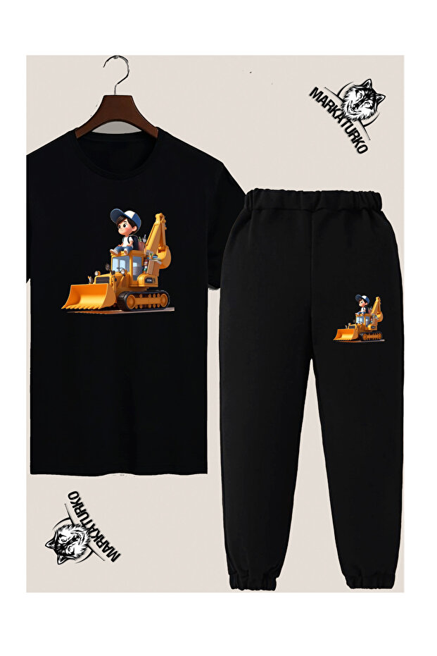 Working Machine Children Custom Design Printed Black Children's T-Shirt-Sweatpants Combination