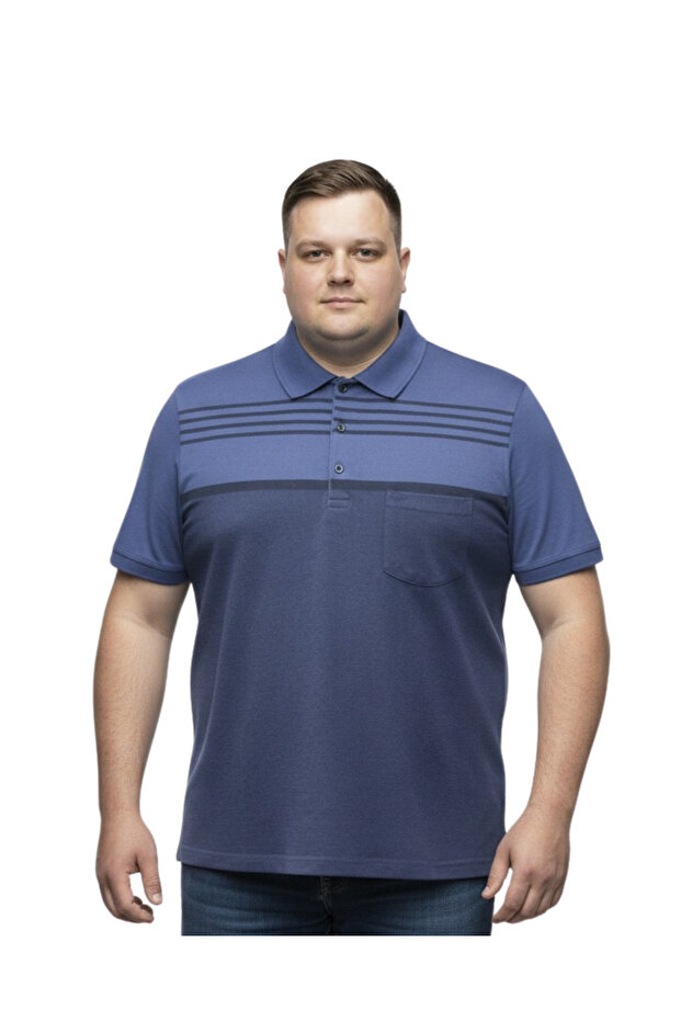 Men's Large Size Melange Navy Blue Polo Collar Short Sleeve Striped T-Shirt 3Xl-4Xl-5Xl-6Xl