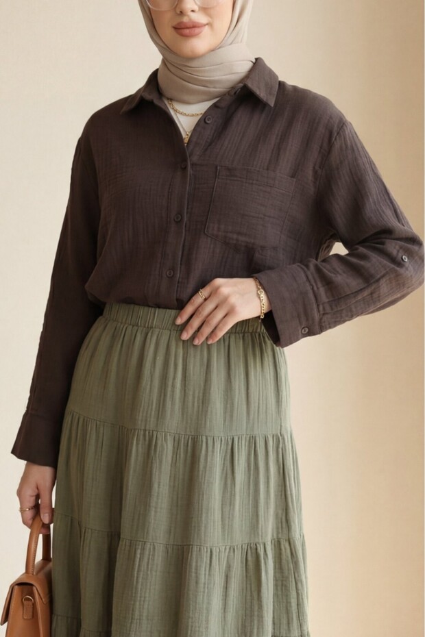 Single Pocket Buttoned Muslin Shirt - Brown