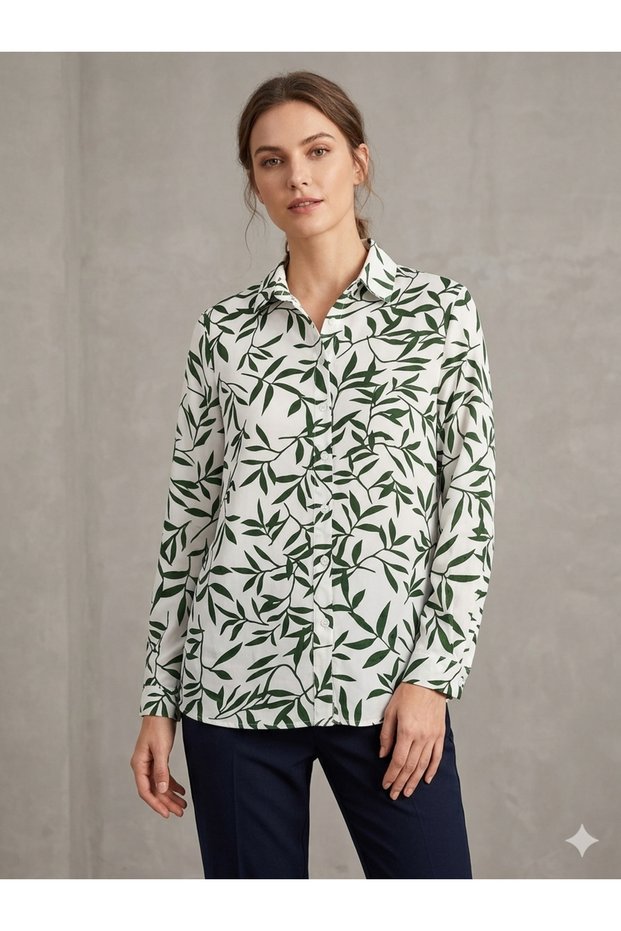 Women's Green Flowered Viscose Long Sleeve Summer Shirt
