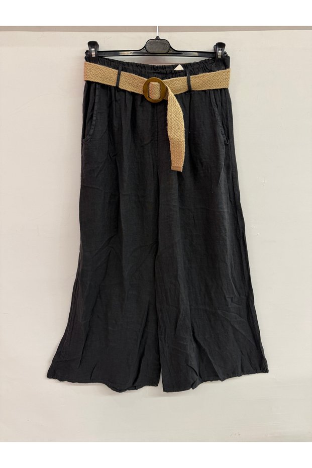 Women's Anthracite Italian Wicker Belted Elastic Waist Wide Leg Linen Trousers Size 40 - 46