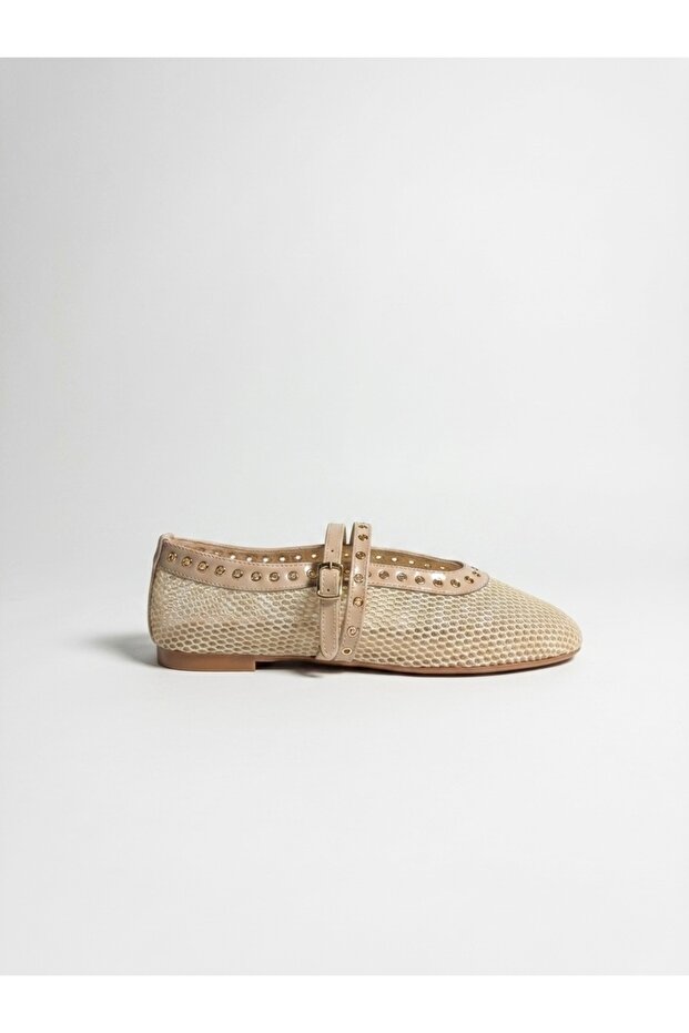 Women's Beige Double-Strapped Mesh Ballerinas with Staple Detail