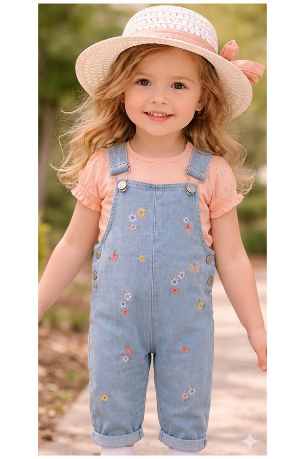 Baby Girl 2-Piece Salopet Set 100% Cotton Short Sleeve Floral Embroidered Casual Outfit Set