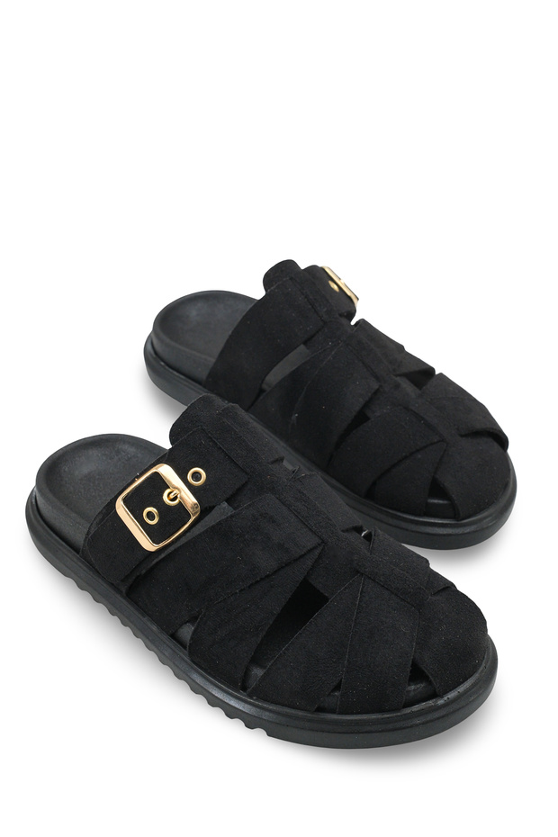 Black Suede Women's Slippers with Orthopedic Sole and Gold Buckle
