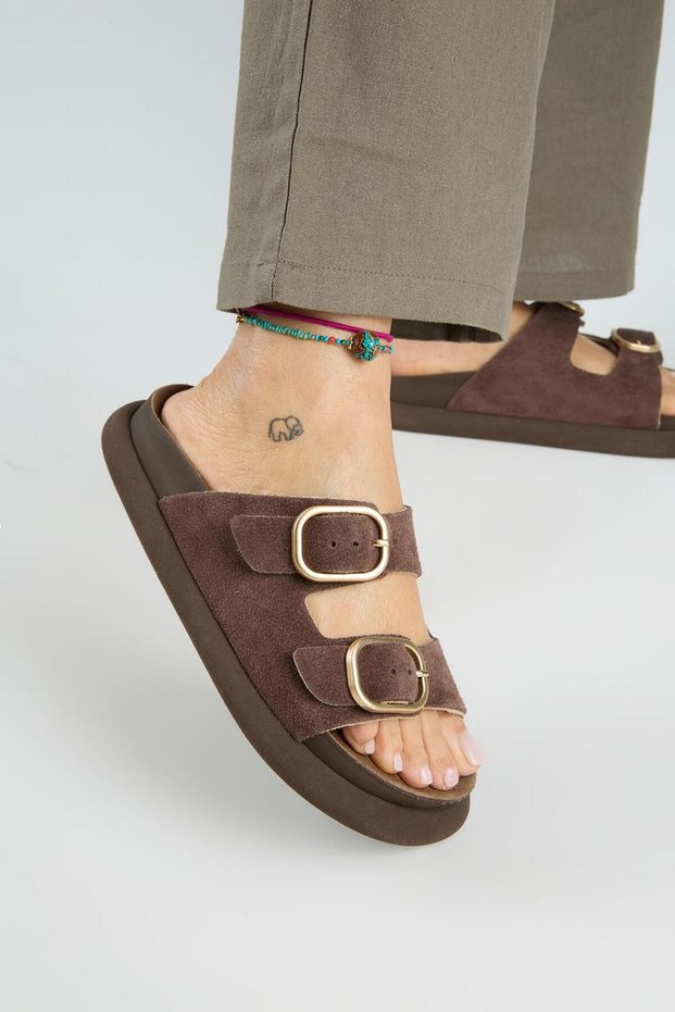 Lavanda Women's Genuine Leather Double Buckle Brown Slippers