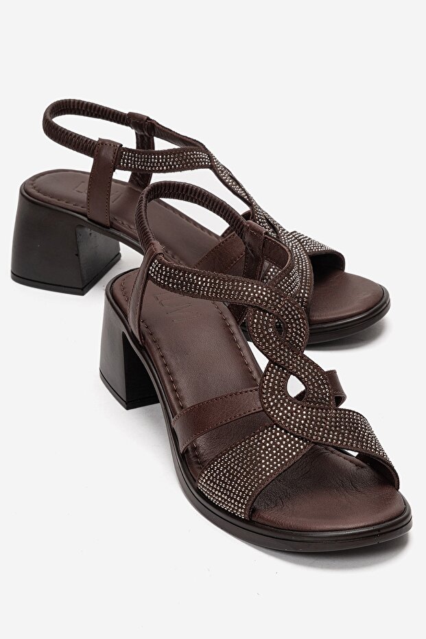 Dolen Brown Genuine Leather Women's Stoned Thick Heel Sandals