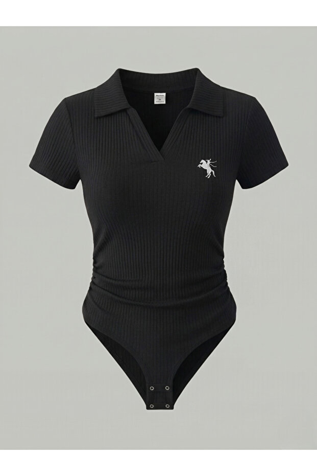 Black Polo Collar Ribbed Lycra Premium Bodysuit