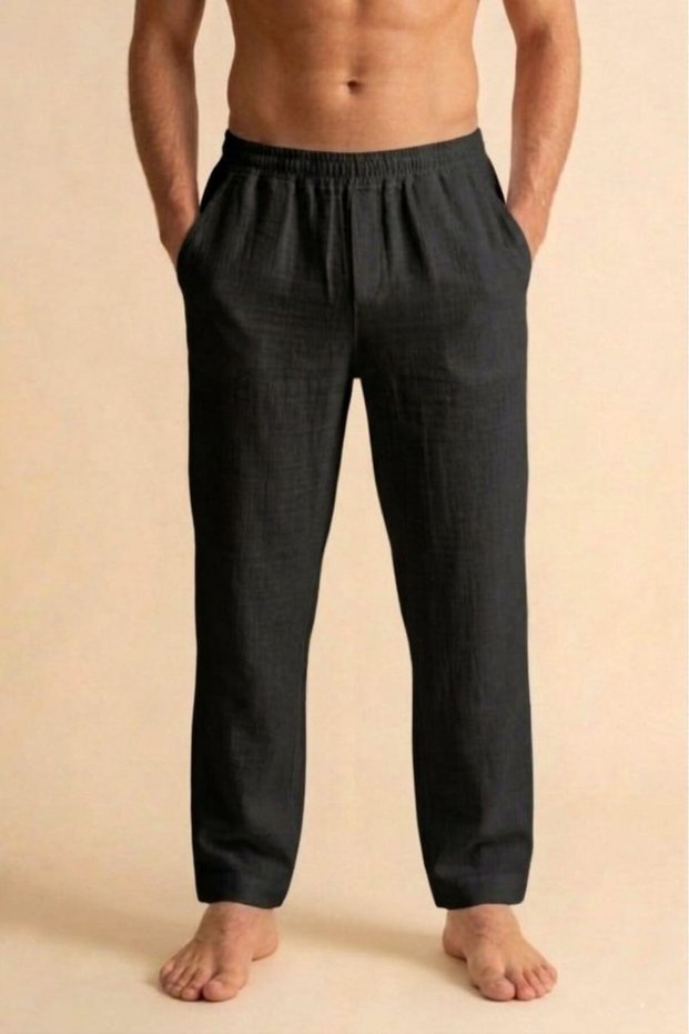 Black Wide Fit 100% Cotton Muslin Fabric Men's Trousers with Elastic Waist - Hajj Umrah Trousers