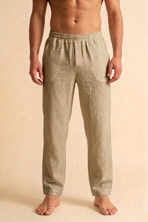 Beige Color Wide Fit 100% Cotton Muslin Fabric Men's Trousers with Elastic Waist - Hajj Umrah Trousers