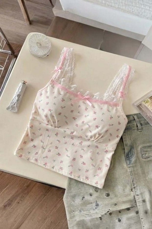 Ecru Floral Patterned Gloplu Lace Detailed Strap Crop