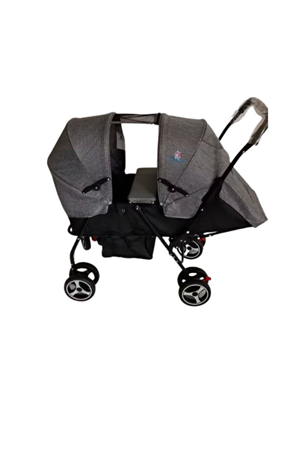 Foldable Twin Stroller with Two Canopies - Gray