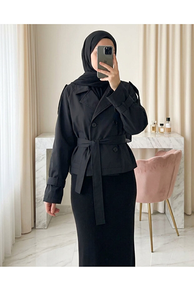 Women's Belted Short Trench Coat 5970 - Black