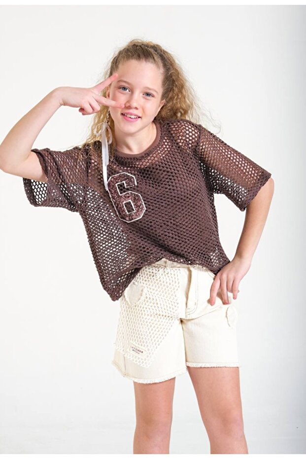 Girl's Mesh Detailed Printed T-Shirt-8697