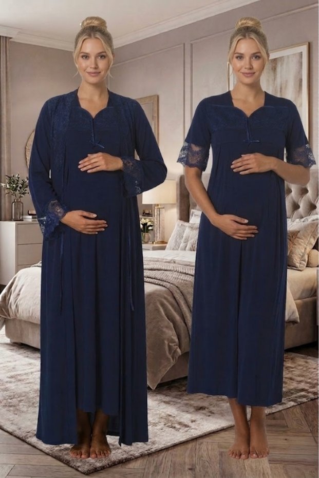 Women's Lace Special Design 2-Piece Maternity Nightgown Set with Dressing Gown