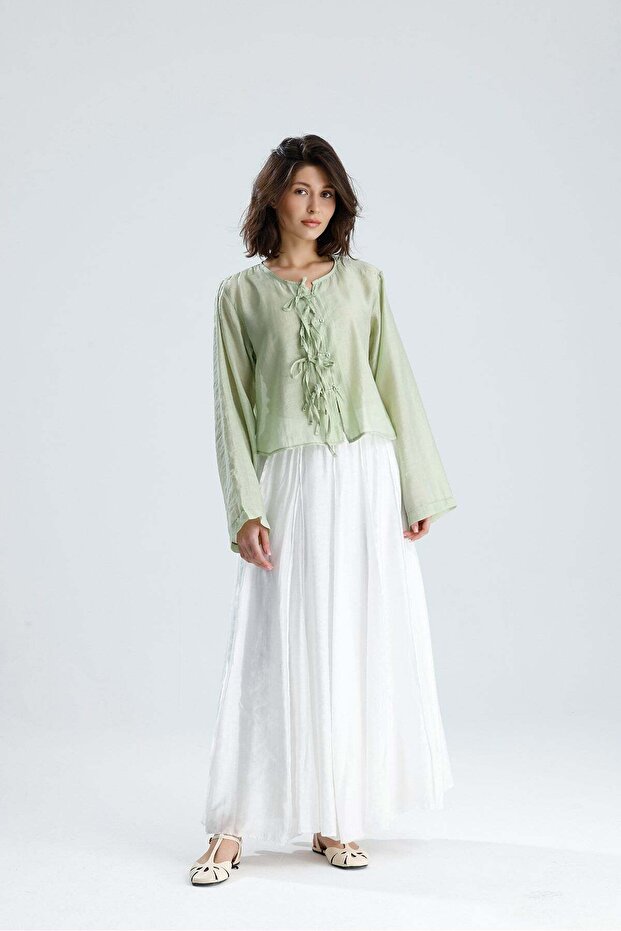 White Tensel Fabric Long Lined Skirt with Reverse Stitching Detail 31045