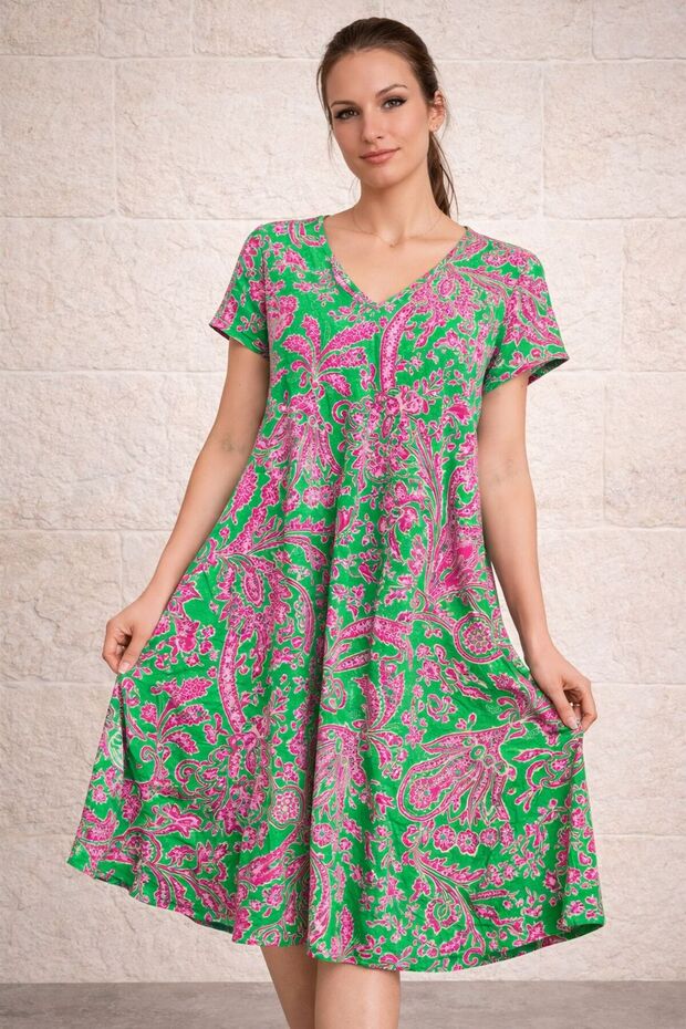 Women's Viscose Fabric Verev Cut Patterned Dress Standard Size 44/48