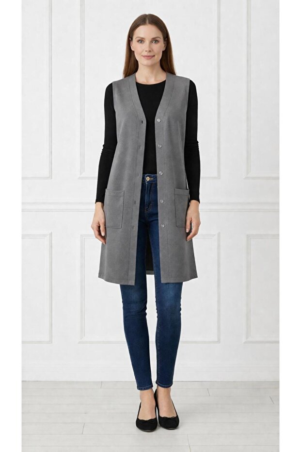Women's Mother Long Slim Buttoned Pocketed Combed Cotton Vest