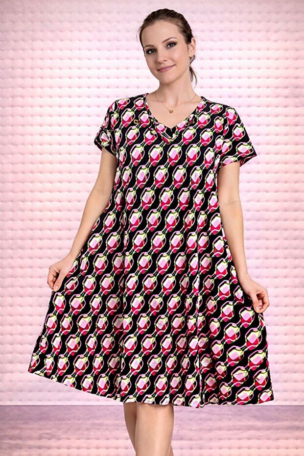 Women's Viscose Fabric Verev Cut Patterned Dress Standard Size 44/48