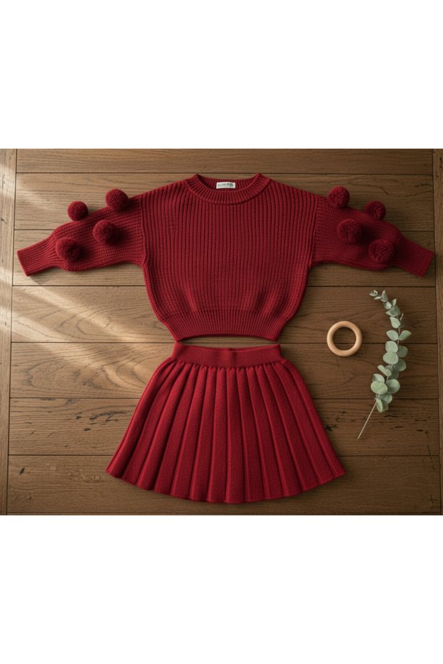 Flexible Crew Neck Pompom Sweater and Knitwear Pleated Detailed Skirt Top-Bottom Set