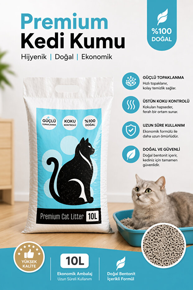 Takaz Global Premium A+ Kalite Naturel İnce Taneli 10L Kedi Kumu (%100 Doğal) Yüksek Topaklanma Net(8.4KG)