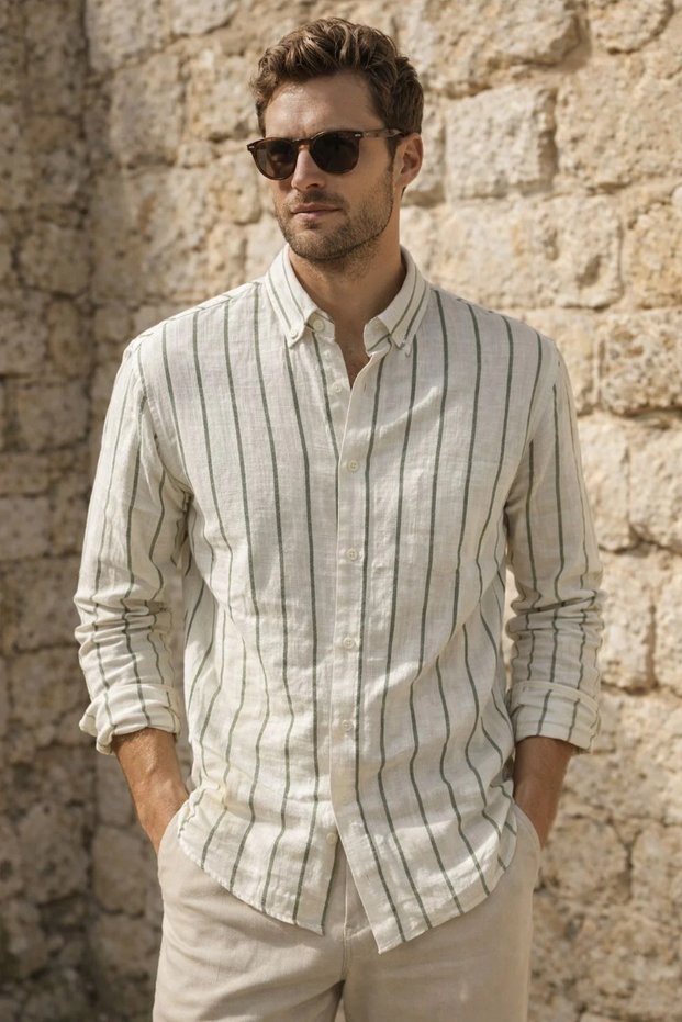 Men's Ecru Khaki Striped Linen Shirt Ls-19843
