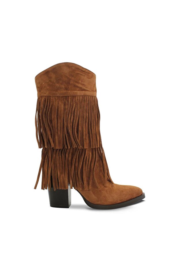 Genuine Suede Tasseled Western Heeled Boots Z621 Suede Acik Sigaro