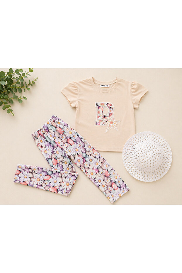 Girl's hat, 3-piece pant set, and short-sleeve t-shirt summer set