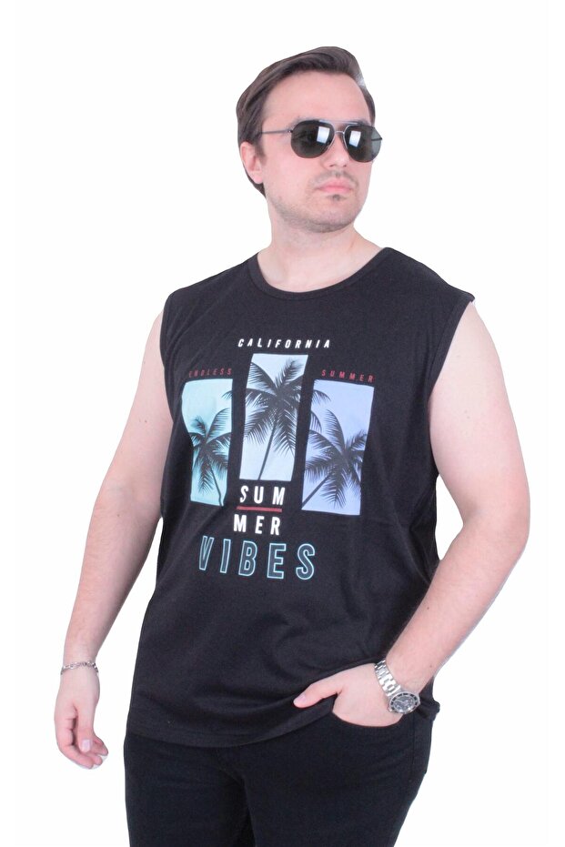 Plus Size Printed Sleeveless T-Shirt Summer Vibes 26125 Black
