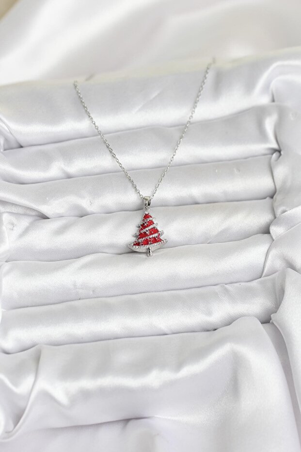316L Steel Chain Silver Color Red Pine Tree Model Christmas Themed Women's Necklace
