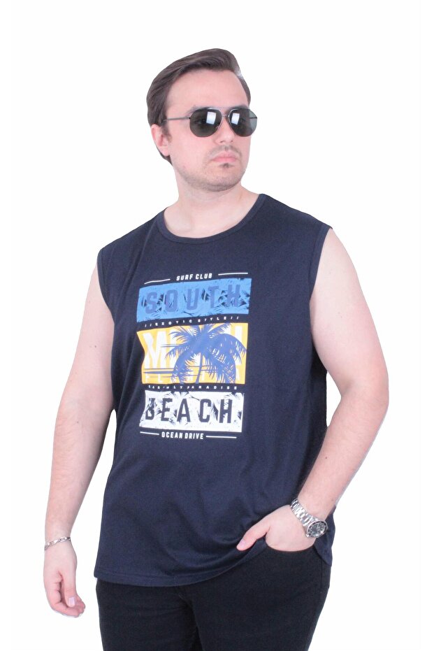 Large Size Printed Sleeveless T-Shirt Miami Beach 26126 Navy Blue