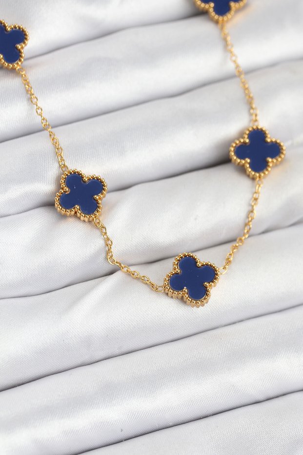 316L Steel Chain Gold Color Navy Blue Clover Women's Necklace