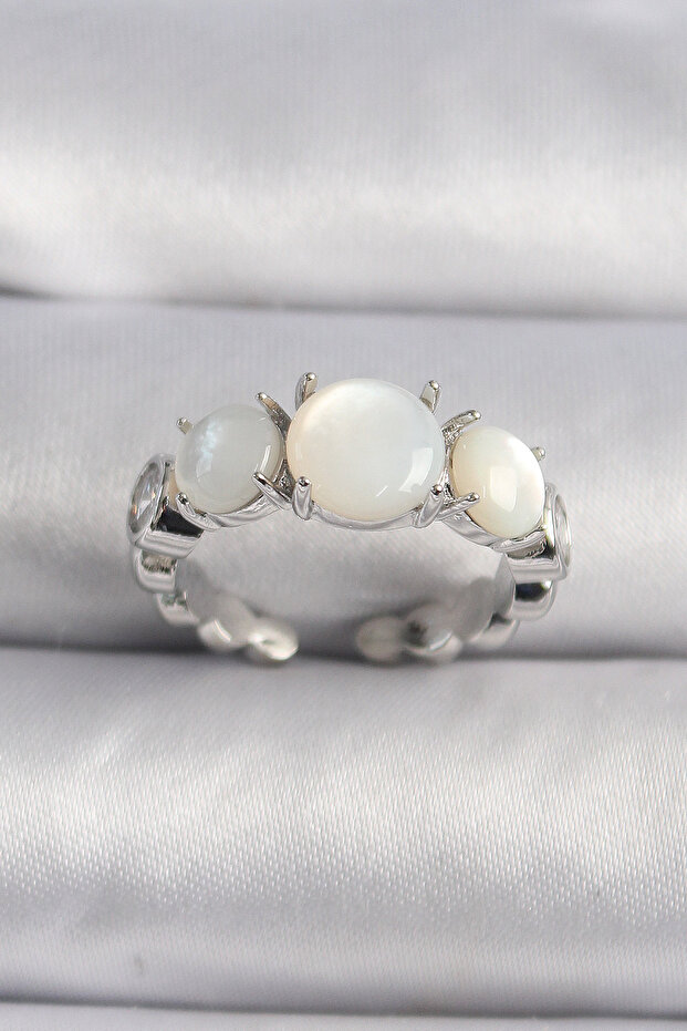 Brass Silver Color Zircon Stone Detailed White Pearlescent Vip Series Women's Ring