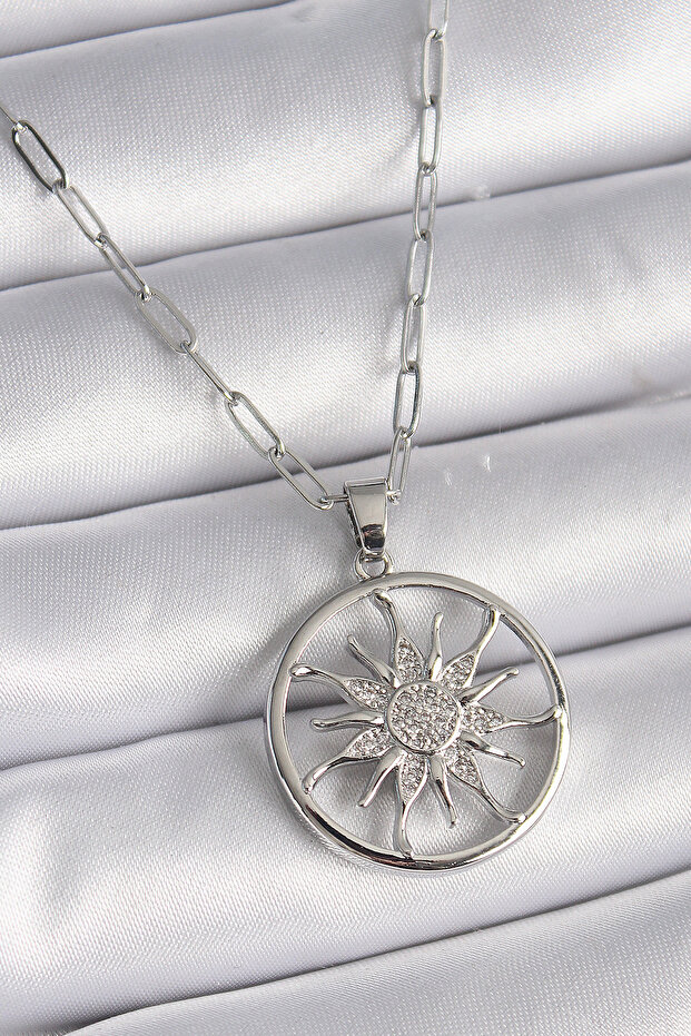 316L Steel Silver Color Zircon Stone Sun Medallion Model Women's Necklace