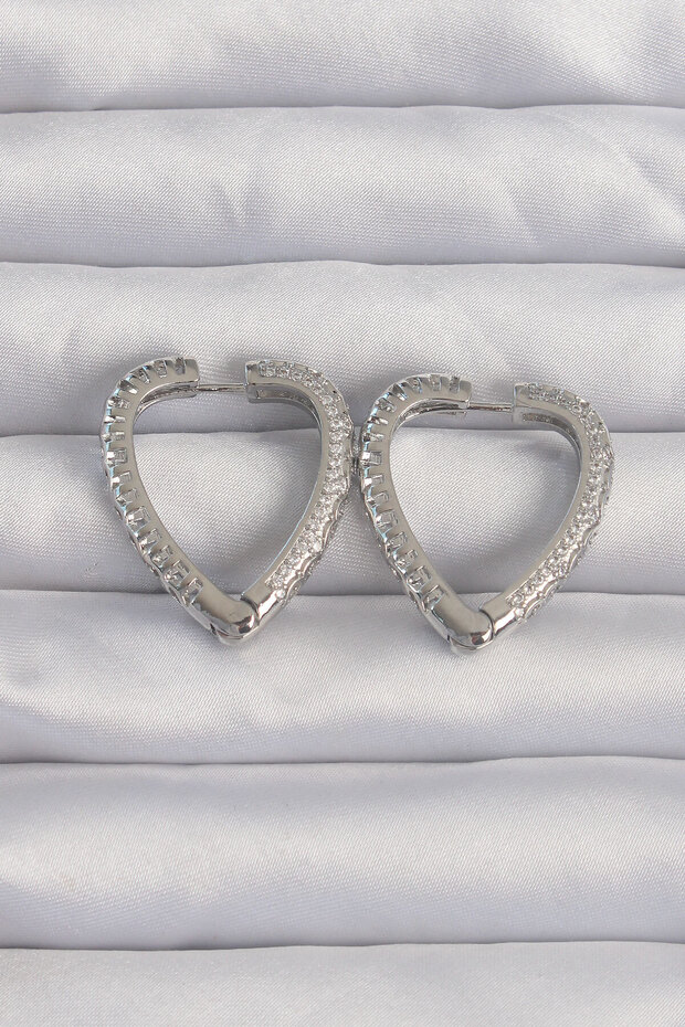 Brass Silver Color Zircon Stone Motif Heart Earrings