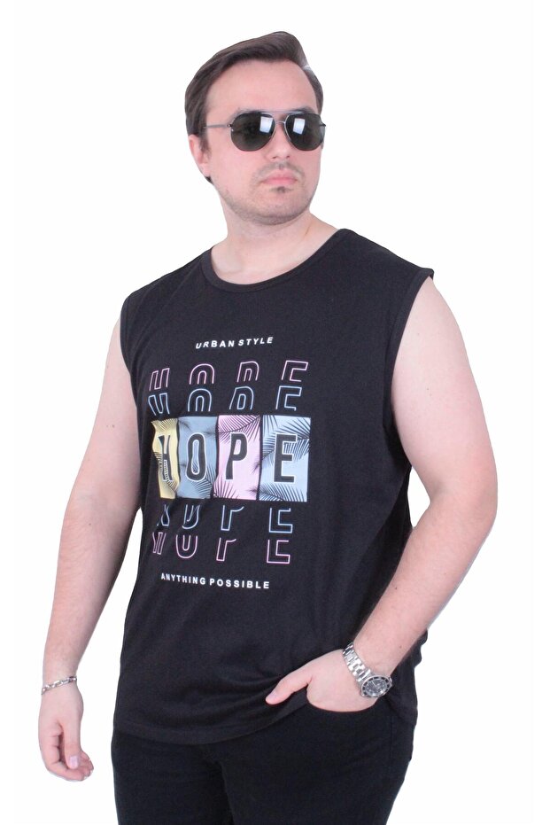 تي شيرت بدون أكمام مطبوع مقاس كبير Hope 26124 أسود