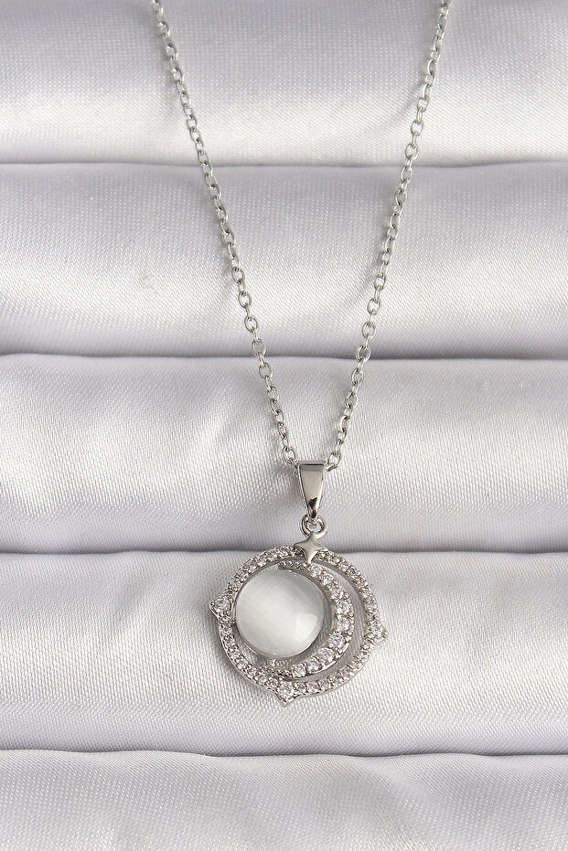 316L Steel Silver Color Zircon Stone White Pearlescent Crescent Model Women's Necklace