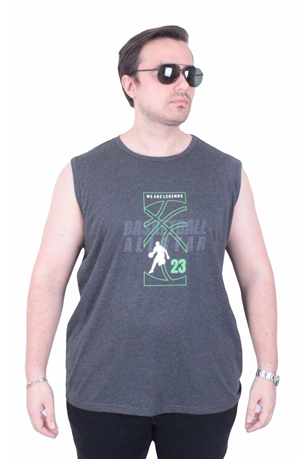 Large Size Printed Sleeveless T-Shirt Basketball 26123 Anthracite Melange