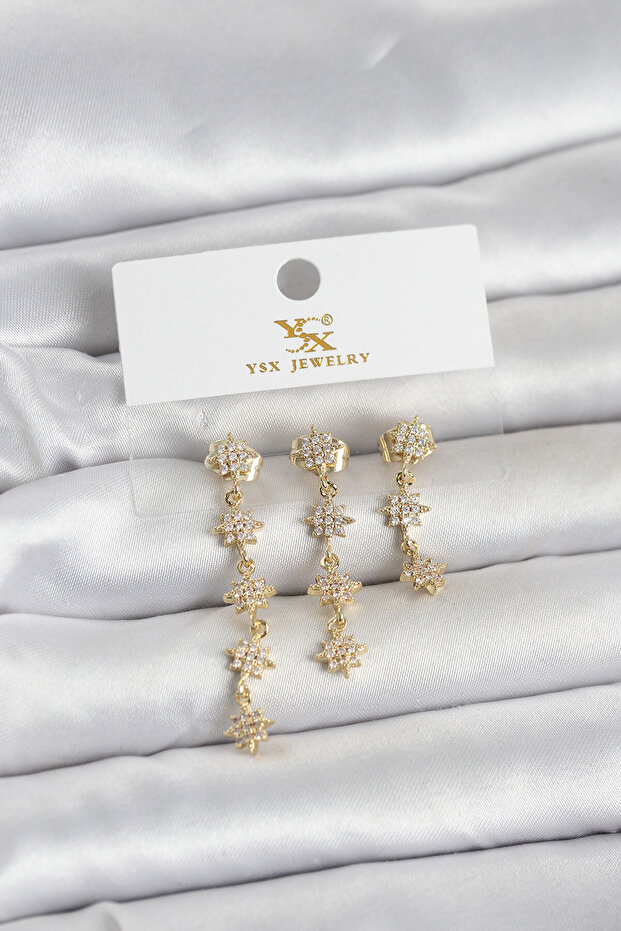 Brass Gold Color Sequential Pole Star Model 3& # 39-Piece Women's Earrings