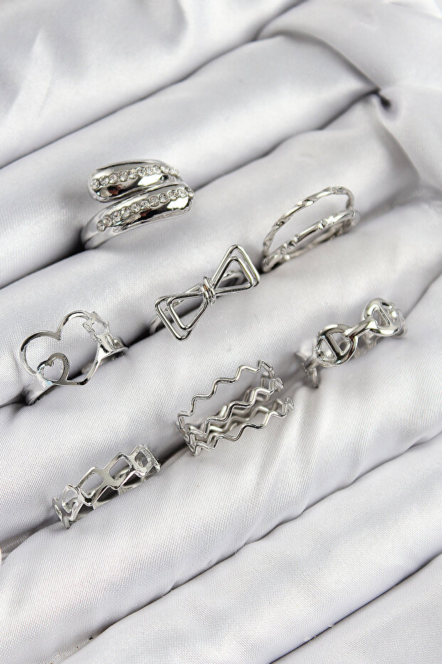 Brass Zircon Stone Bow and Heart Model Silver Color Women's Ring Combination Set