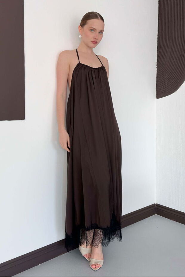 Lace Detailed Satin Dress - Brown | D3022 - Coffee