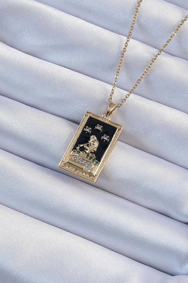 316L Steel Chain Gold Color Zircon Stone Black Enamel Girl Figure Tarot Necklace