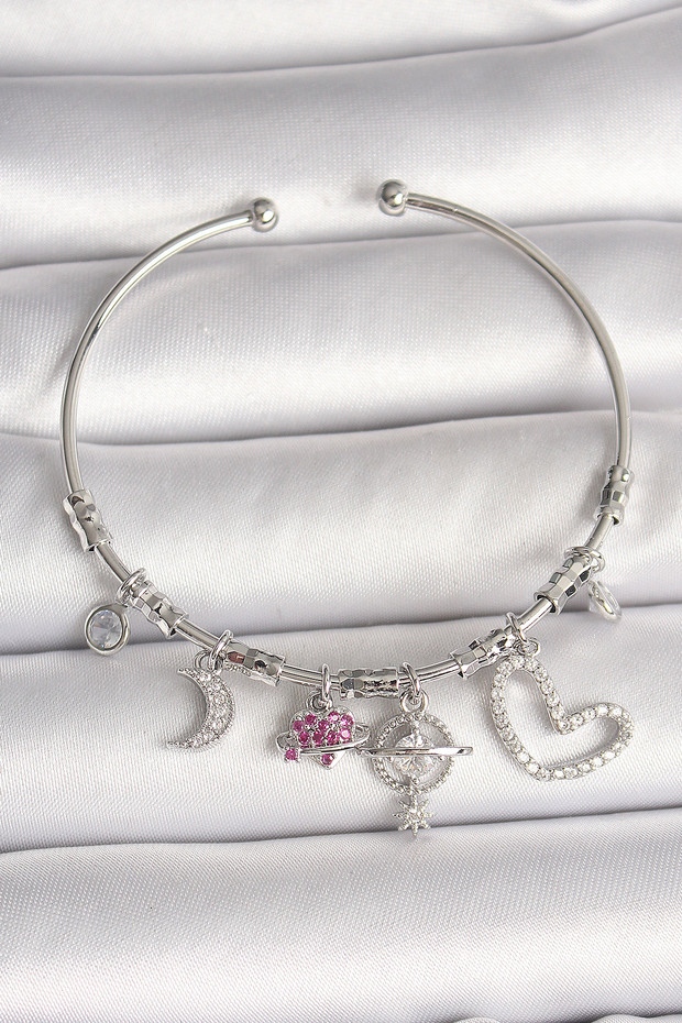 Brass Silver Color Dangle Zircon Stone Planet Figure Heart Detail Charm Women's Bracelet