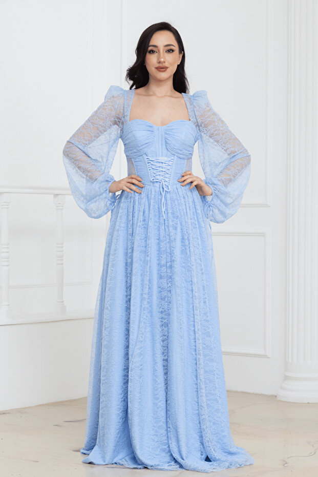 Bale Detailed Long Lace Evening Dress - Baby Blue