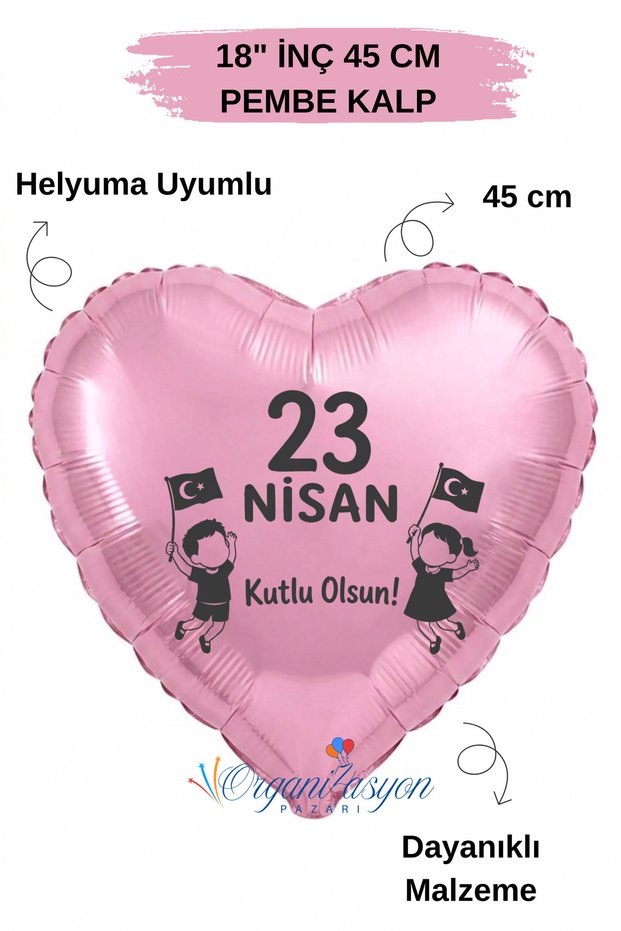 18 Inch Pink Heart Foil Balloon | 23 April Happy Day | School Festival | 23 April Bayram