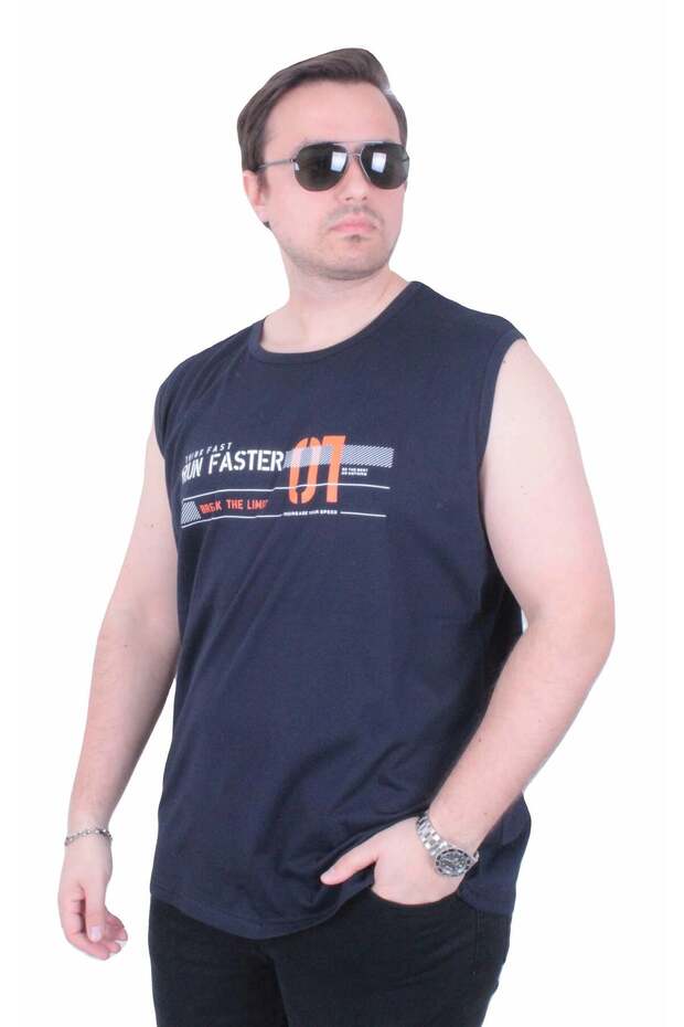 Large Size Printed Sleeveless T-Shirt Run Faster 26127 Navy Blue