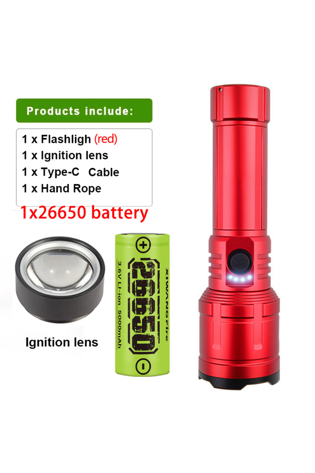 مصباح يدوي يعمل ببطارية Red-26650 مع ولاعة وبنك طاقة، قابل لإعادة الشحن، شعاع فائق السطوع قابل للتكبير، 5 أمتار