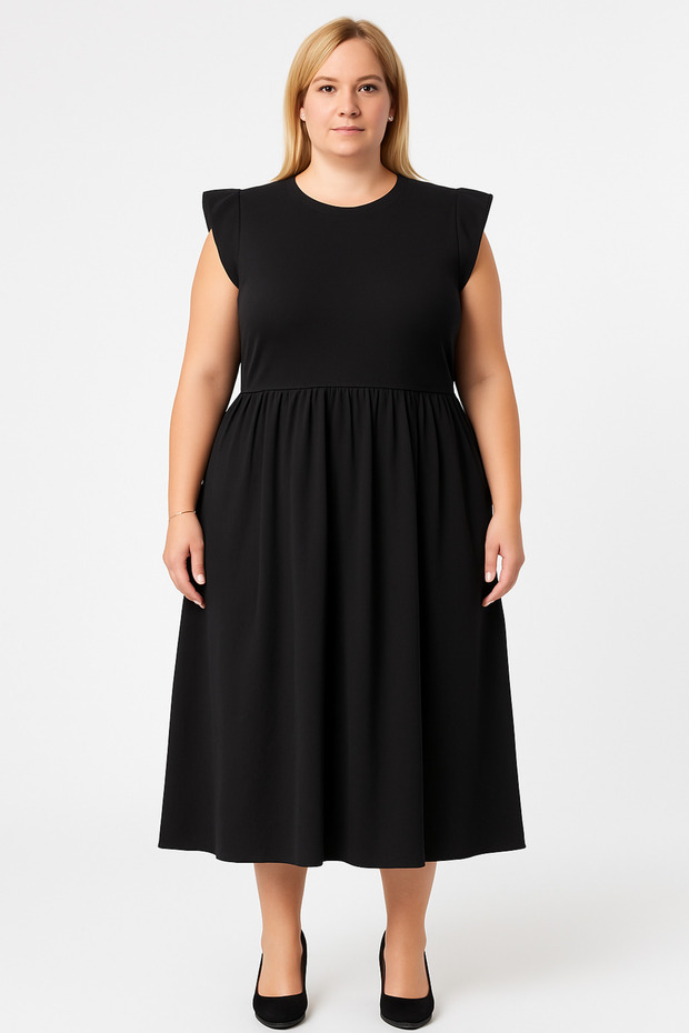 Plus Size Women's Black Sleeve Ruffle Midi Dress